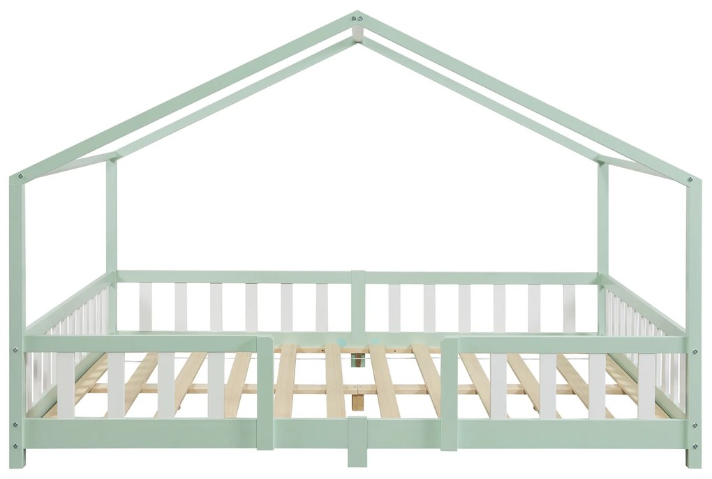 Házikó gyerekágy Treviolo leesésgátlóval és matraccal 140x200 cm mentazöld [en.casa]