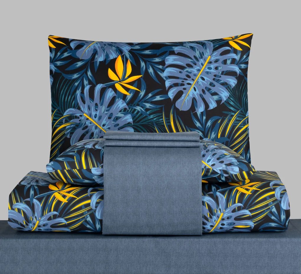 Pamut lepedők Monestera kék TiaHome - 1x Párna 90x70cm, 1x Paplan 140x200cm