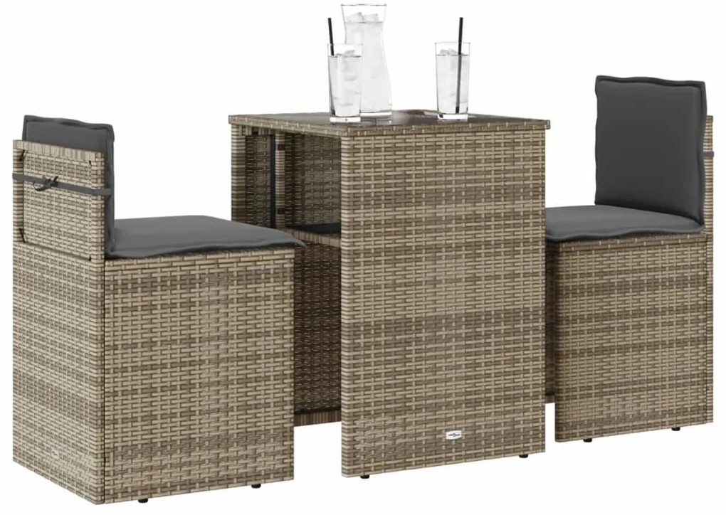 vidaXL 3 részes szürke polyrattan bisztrógarnitúra párnákkal