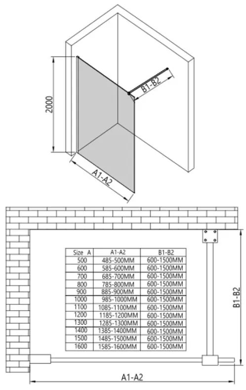 Erga Paris, Walk-In zuhany paraván 50x200 cm, 8mm átlátszó üveg, króm profil, ERG-V02-PARIS-050x200-CL-CR