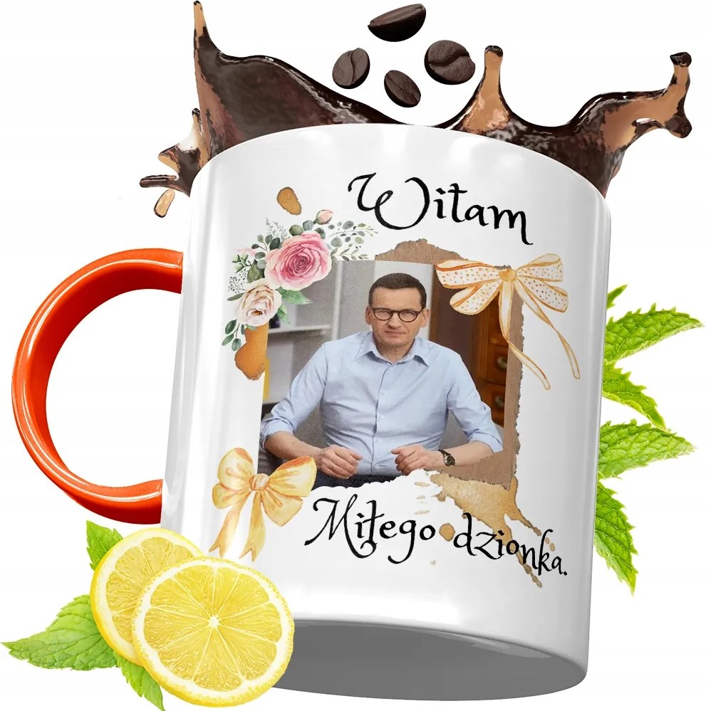 Narancssárga Bögre Mateusz Morawiecki Ajándék fényképes nyomtatással