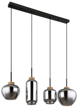 Globo 15549-4H Függeszték fém matt fekete, füstszínű üveg, natúr kender színű, fekete PVC kábel, 4 különböző üvegforma, HxSzxM.: 960x230x1200mm, üveg átmérő: 1x 18,5cm, 12cm, 16cm, 23cm egyenként, nem tartozék: 4x E27 40W 230V