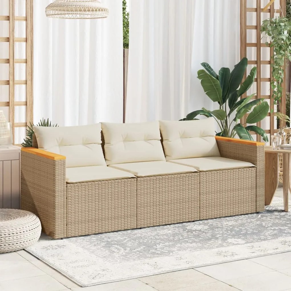 3 személyes bézs polyrattan kerti kanapé párnával