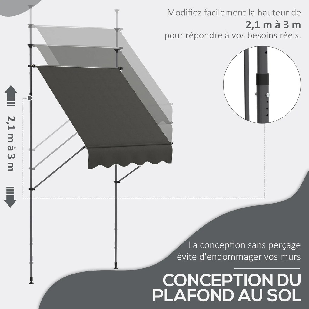 Outsunny Független Kézi Húzható Napernyő 1,5L x 1,2W x 2,1-3H m Állítható Dőlésszögű Erkélyhez Fúrás Nélkül Sötétszürke Fém Alu Poliészter | Aosom