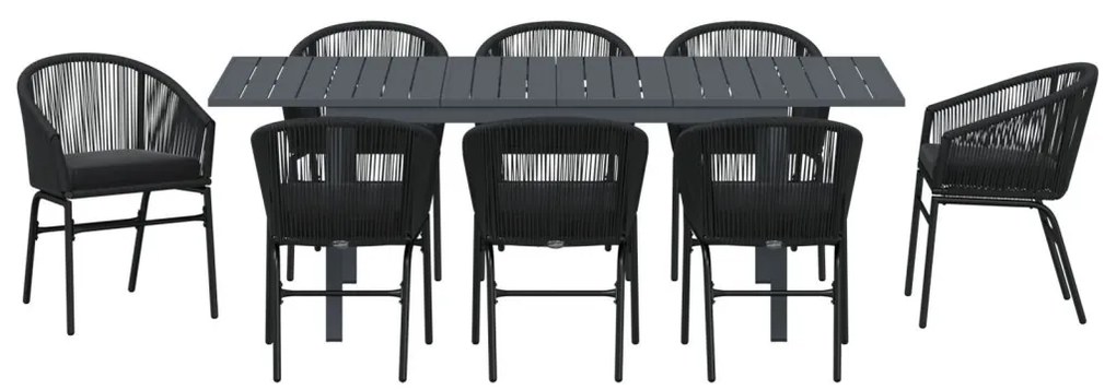 10 darabos kerti étkező szett párnákkal Fekete poli rattan, Hosszabbítható kerti asztal antracit (140-210)x90x73 cm acél