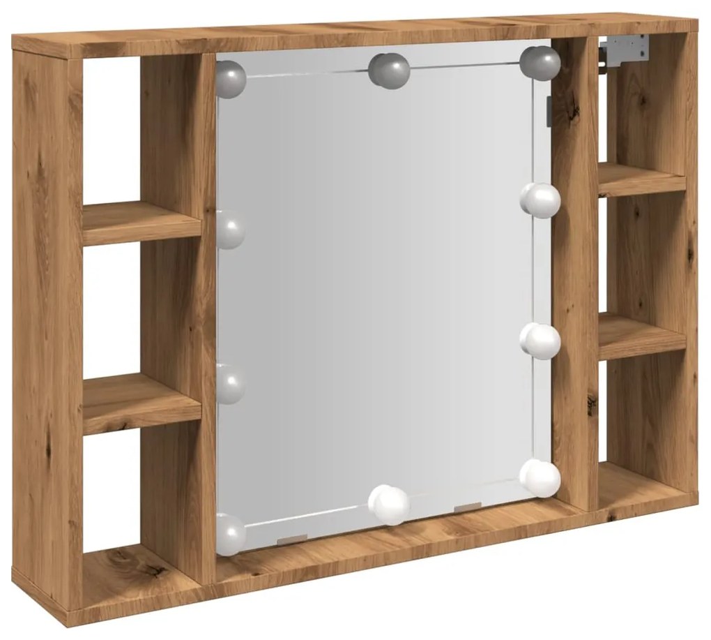 kézműves tölgy szerelt fa tükrös szekrény LED-ekkel 76x15x55 cm