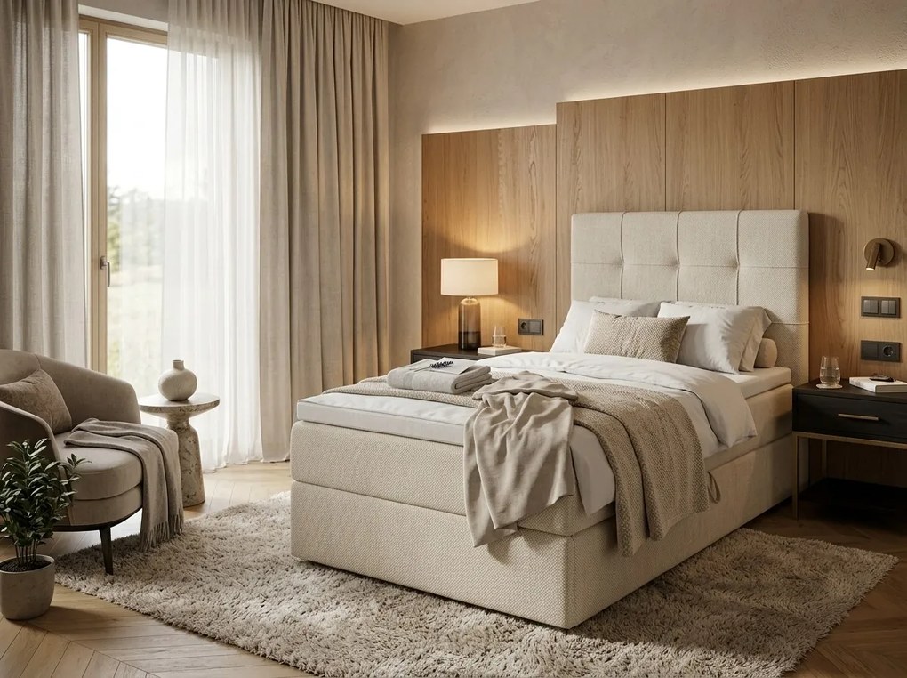 Kárpitozott boxspring ágy DIRELIS VIBE 90x200 cm krémszínű Matrac: Bonell rugós matrac