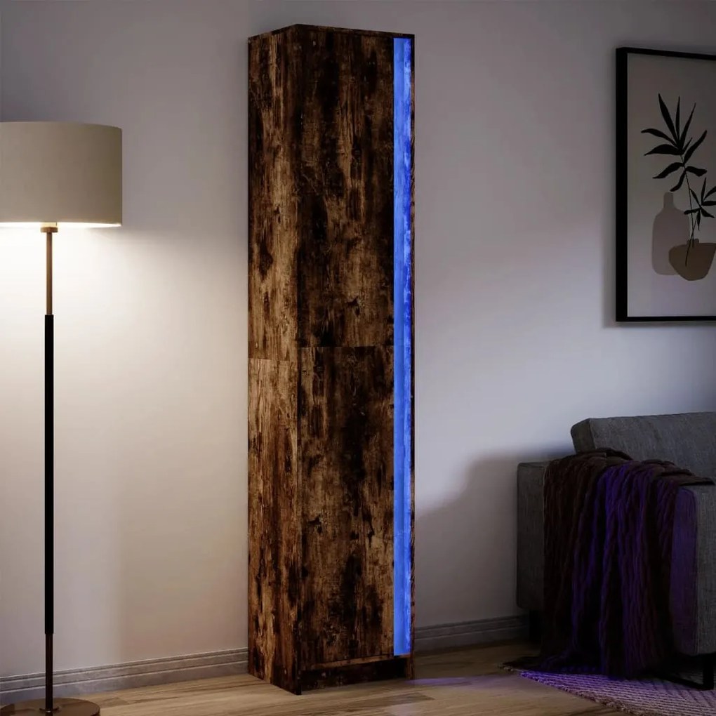 füstös tölgy szerelt fa LED-es magasszekrény 41,5x32,5x200 cm