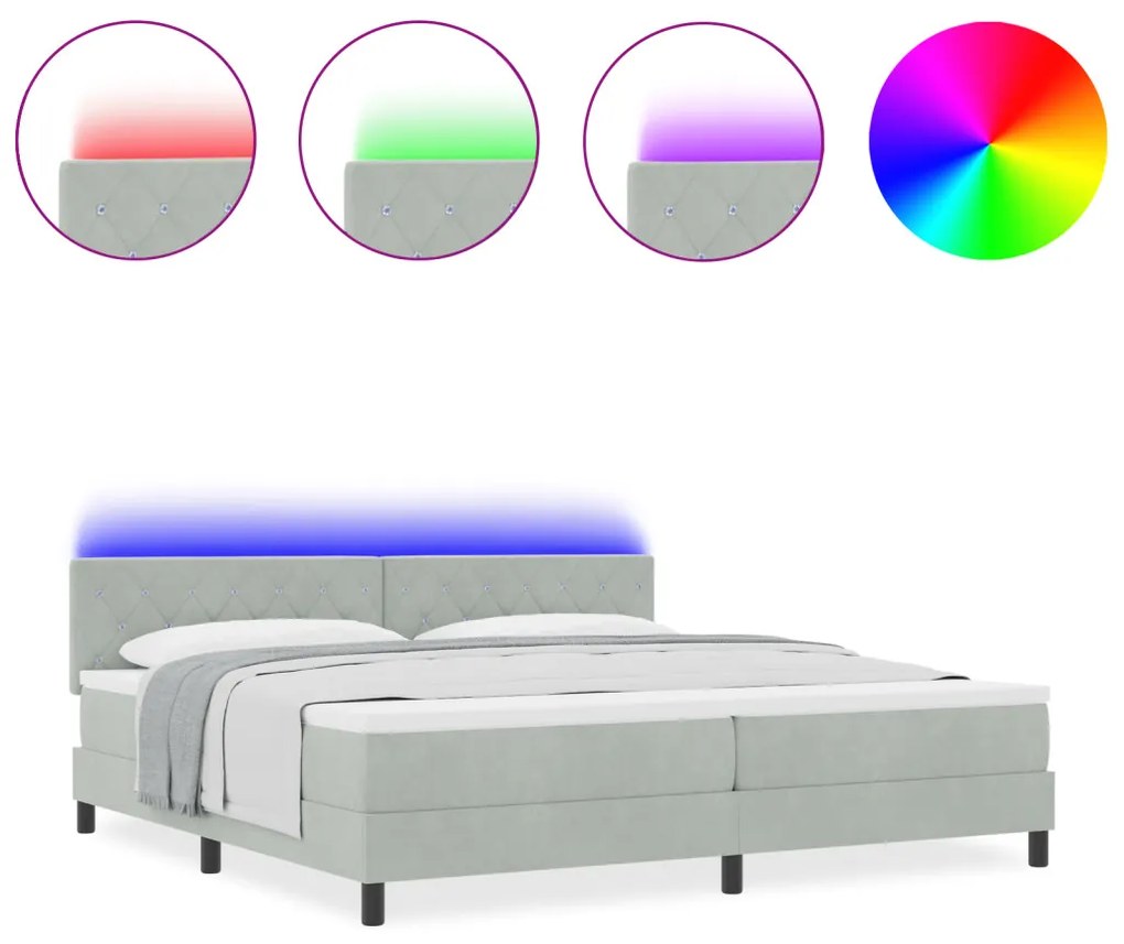 Boxspring Ágy Matrac és LED Fénnyel Világosszürke 200x200 cm Bársonyos