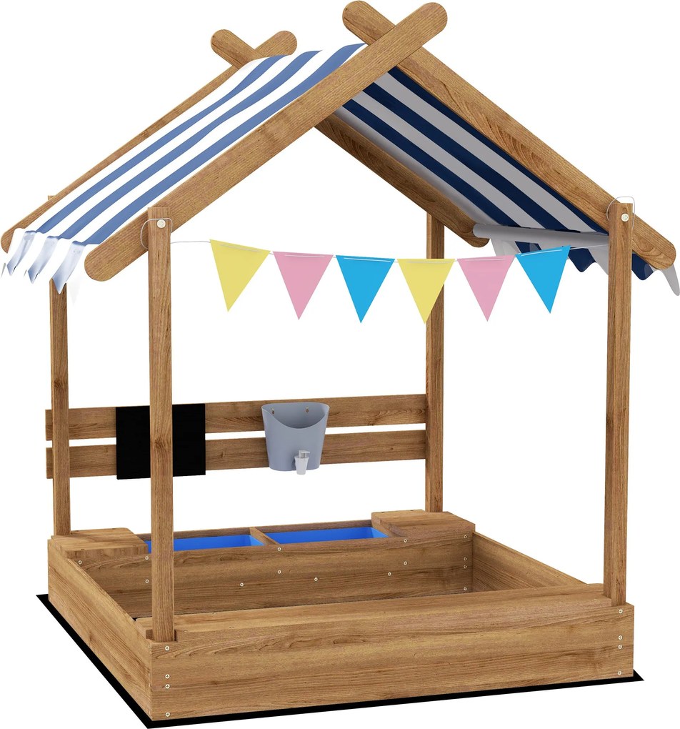 Outsunny Tetős Homokozó, Fa Homokozó Ülőhellyel, Játszóház, 124 x 116 x 146 cm Ombraformás Homokozó 3-7 Éves Gyerekeknek, Kert, Barna | Aosom