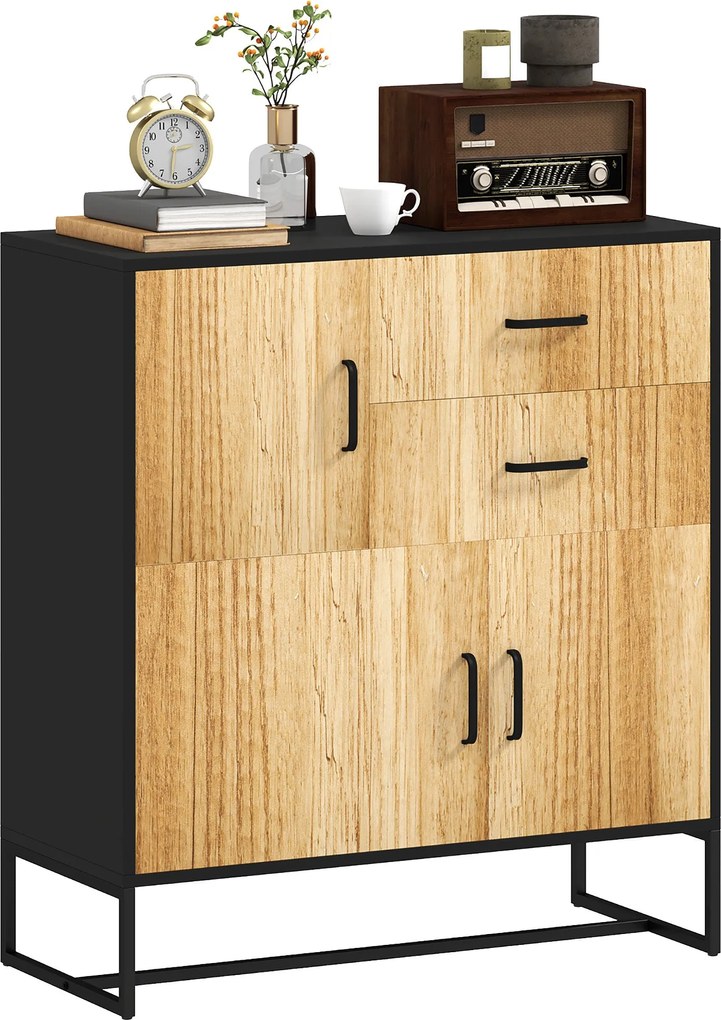 HOMCOM Modern Konyhai Buffetszekrény 3 Szekrénnyel és 2 Fiókkal, Többcélú Bútor Forgácslapból és Acélból, 80x35x85 cm, Fekete és Fa Szín | Aosom