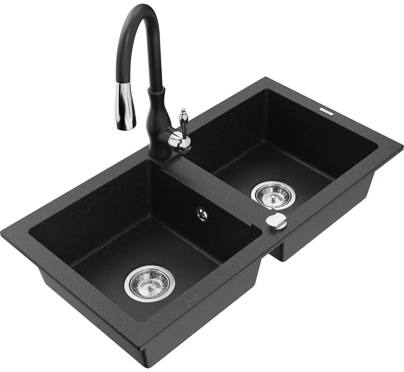 Mexen Mario, 2-kamrás gránit mosogató 820x436x161 mm és Savita mosogató csaptelep, fekete-arany metál, 6504-75-672601-70