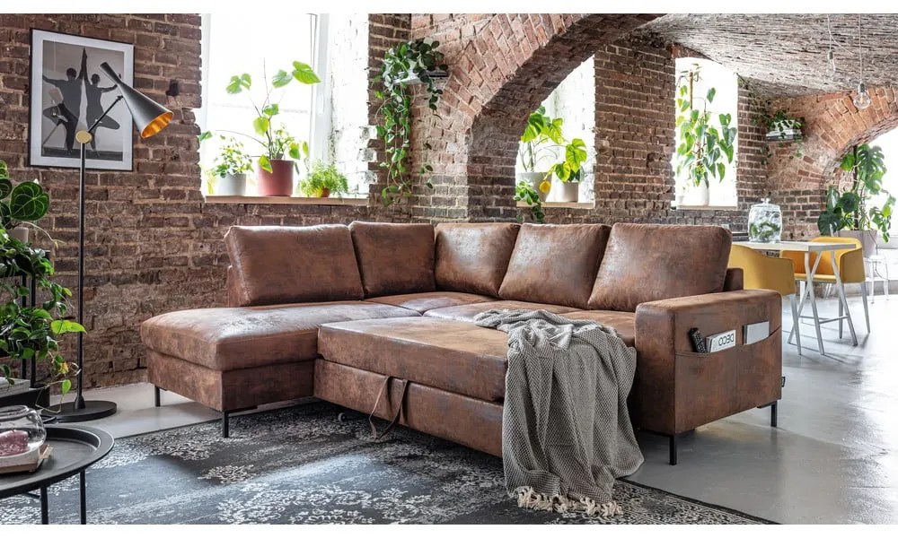 Barna bőrutánzat kinyitható sarokkanapé (bal oldali) Lofty Lilly – Miuform