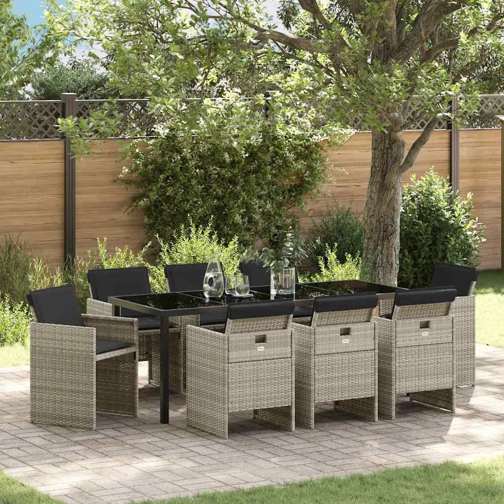 vidaXL Kert étkező szett párnával 9 pcs Világosszürke polirattan