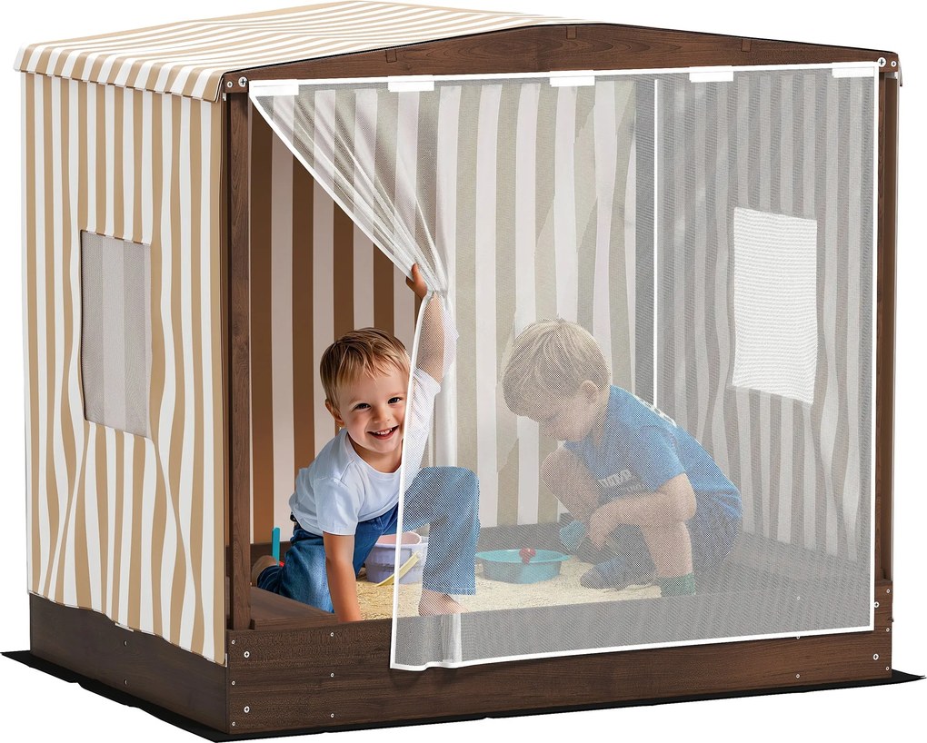AIYAPLAY Homokozó Napernyővel és Hálós Ajtóval, 142 x 101,5 cm-es Fa Homokozó Padokkal, Tárolóval, Talajvédelmmel, 4 Gyereknek 3-6 Éves Barna | Aosom