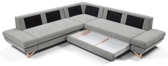 AVESTA L-alakú, kárpitozott, kihúzható sarokülőgarnitúra tárolóval, szürke