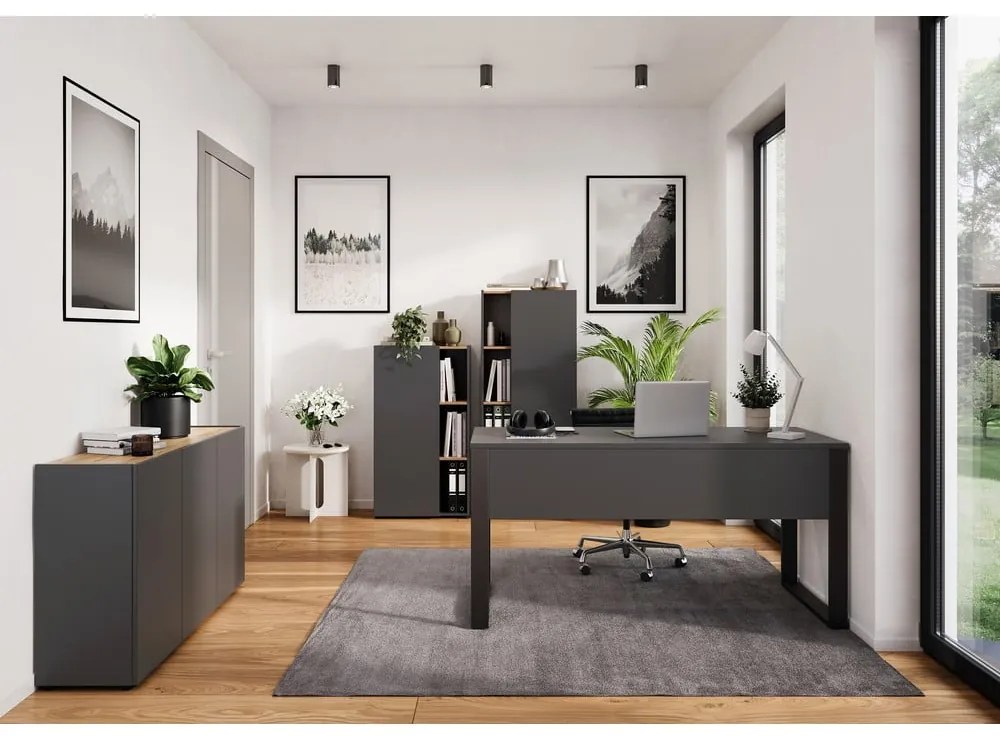 Antracitszürke könyvespolc tölgyfa dekorral 61x110x34 cm Adrano – Germania