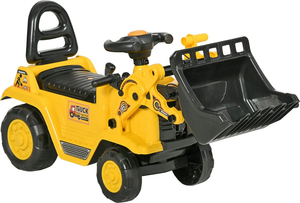 HOMCOM Ülő Exkavátor Beépített Tárolórekeszes Gyerek Ride-on Traktor Gyerek Digger Közlekedési Kisautó Sárga+Fekete 80 x 26.5 x 39 cm | Aosom