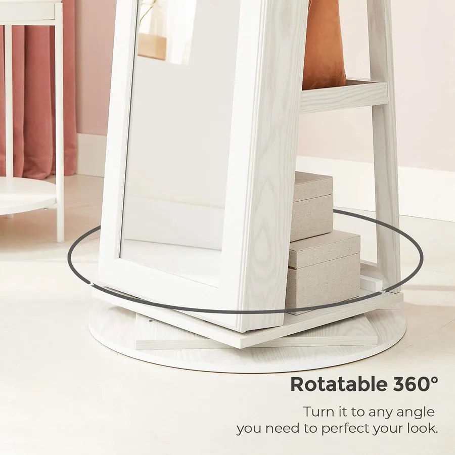 360°-ban forgatható ékszerszekrény, teljes alakos tükörrel, zárható ékszertároló, fehér