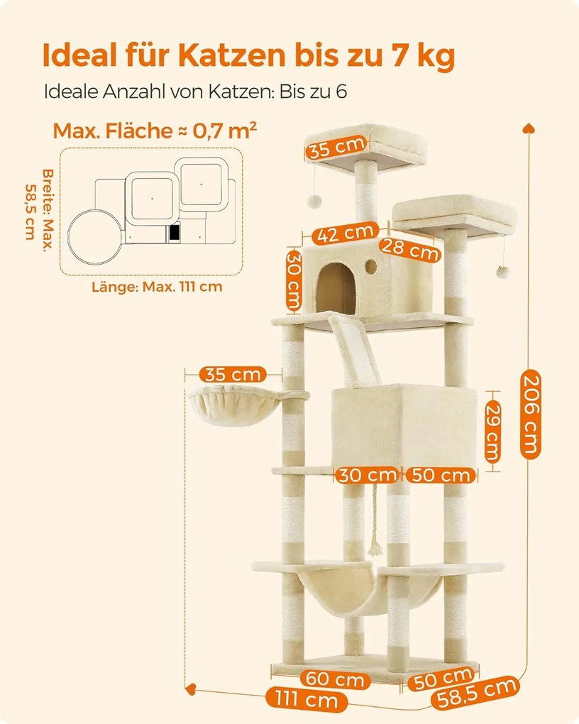 Feandrea nagyméretű kaparófa, 206 cm magas, XXL macskafa, bézs színben