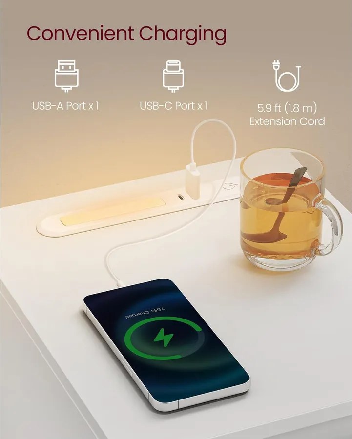 Keskeny éjjeliszekrény töltőállomással és LED-fénnyel, USB portokkal, fehér