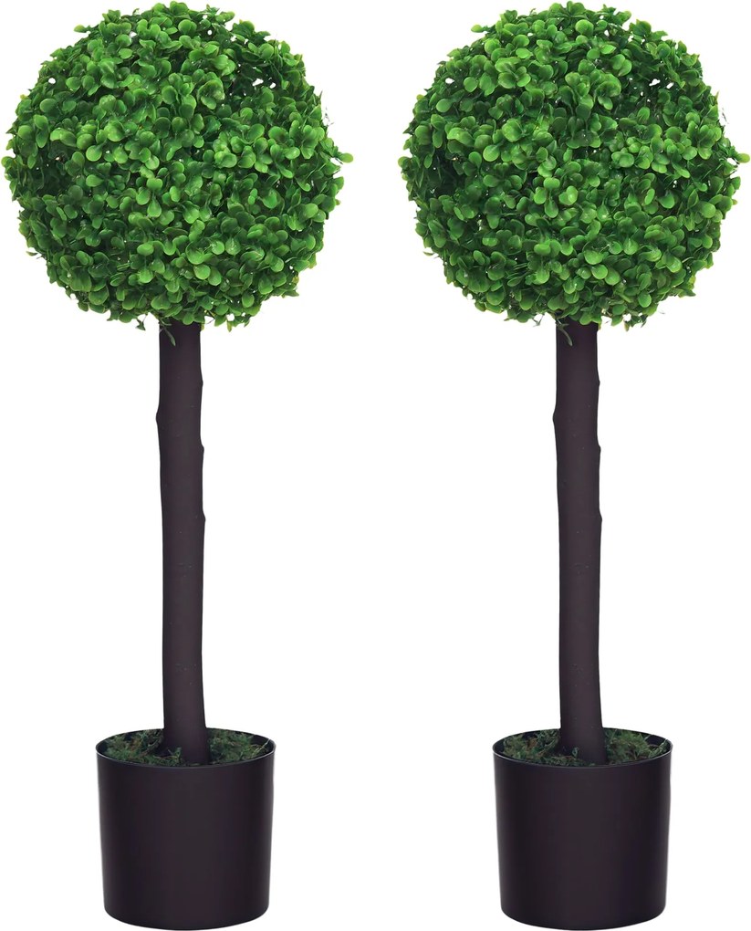 HOMCOM 2 db Dekoratív Műnövény Szett 60 cm Boxwood Gömbfák Virágcserepekben Műnövények Belső és Külső Dekorációhoz Ø20x60 cm Zöld | Aosom