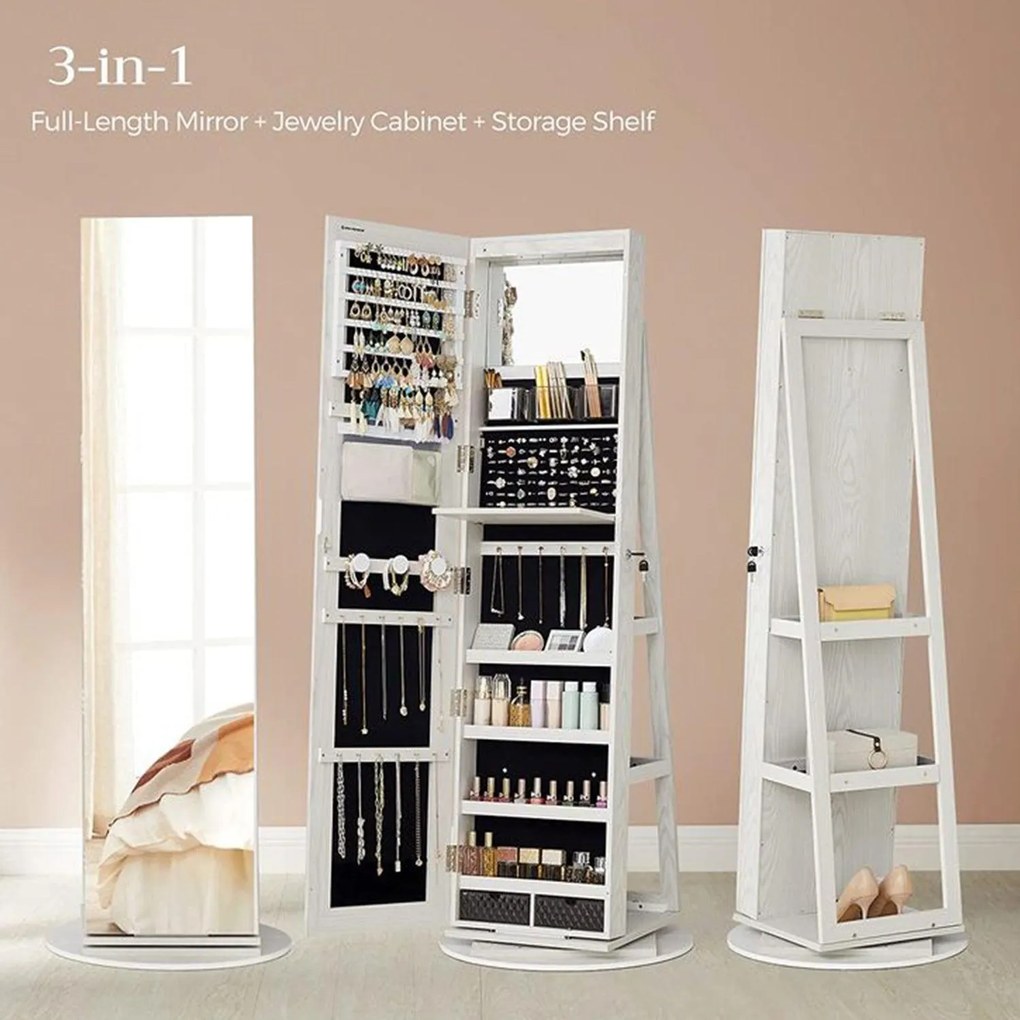 Szabadon álló tükrös ékszerszekrény, zárható, 6 led lámpával, 360°-ban elforgatható