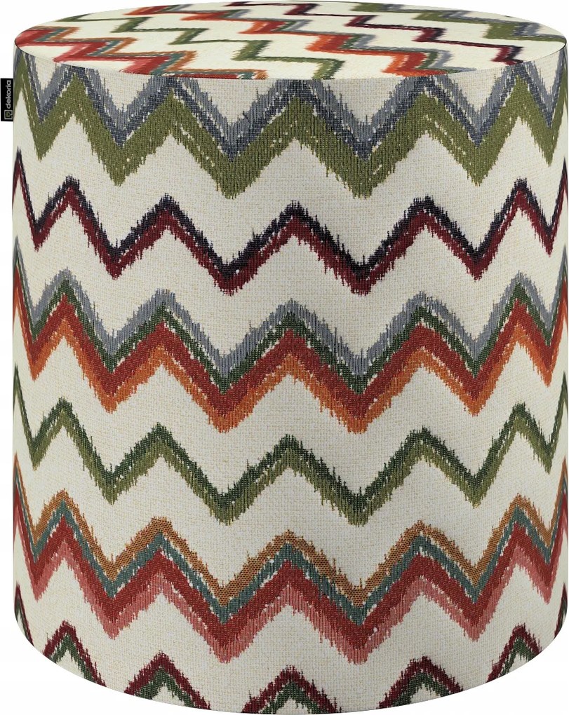 Barrel puff ø40, 40 cm magas, piros-zöld cikk-cakk mintás, krémszínű háttérrel