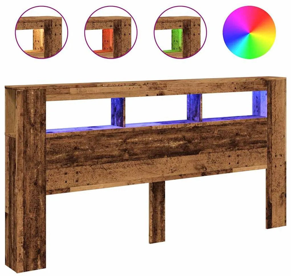 antik fa színű szerelt fa LED-es fejtámla 200x18,5x103,5 cm