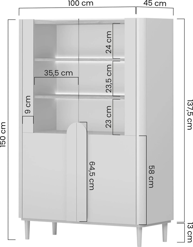 Amilio vitrines szekrény 100 cm kétajtós lábakon - eukaliptusz / baltic dune tölgy / natúr tölgy fogantyúk