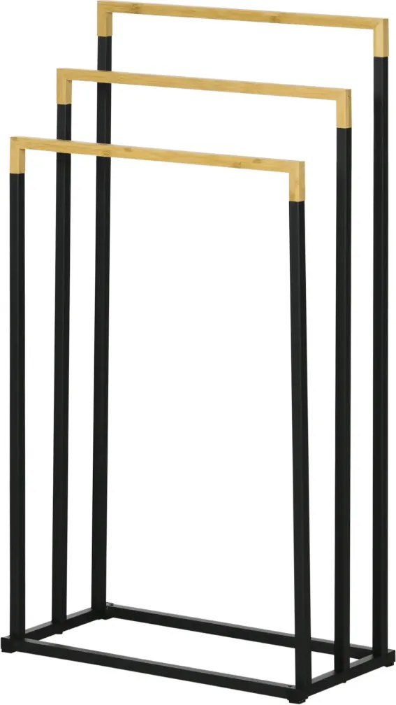 Kleankin Törölközőtartó szett 3 törölközőtartó rúddal, bambusz, 45 x 22,5 x 86 cm, fekete-natúr