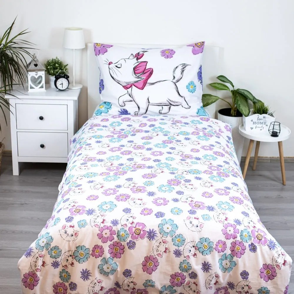 Fehér egyszemélyes pamut gyerek ágyneműhuzat 140x200 cm Marie Cat "Floral" – Jerry Fabrics