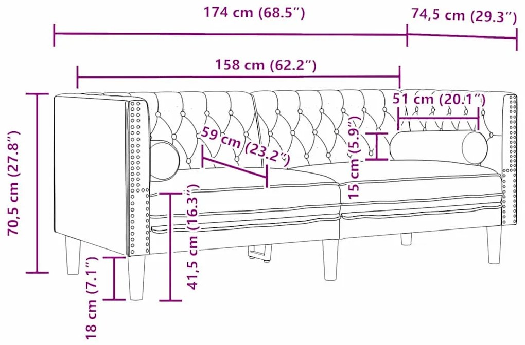 Chesterfield kanapé Argyle Fekete 174 x 74.5 x 70.5 cm Bársony
