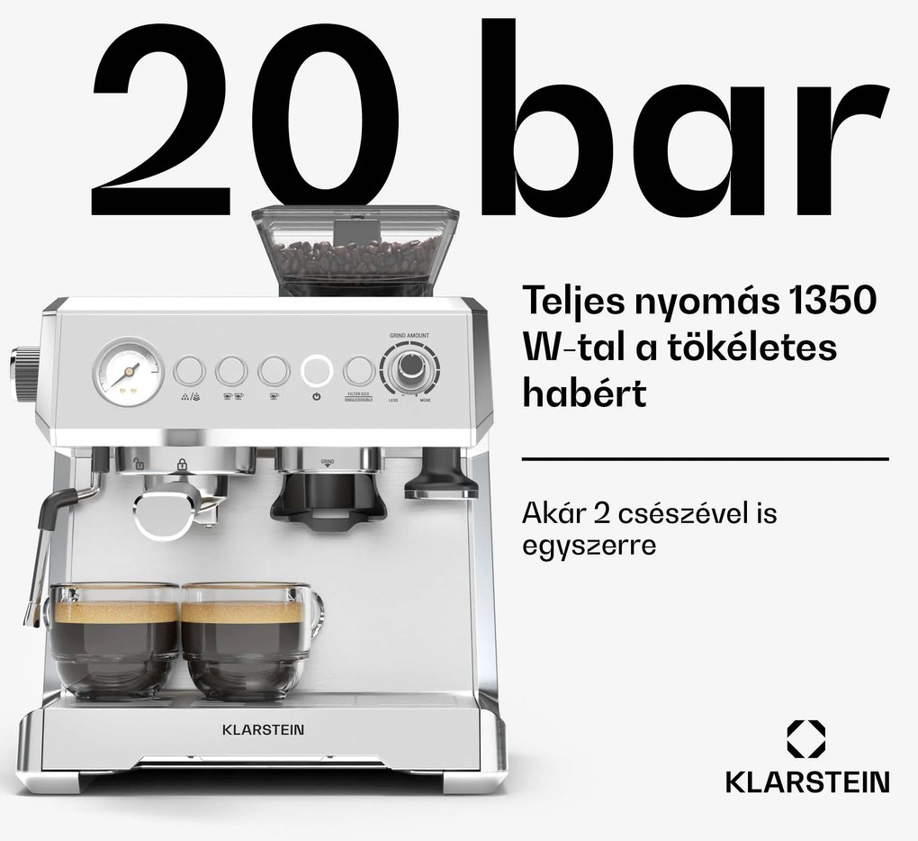 Klarstein GrandPresso karos kávéfőző, precíziós daráló, gőzfúvóka, portaszűrő, nyomásjelző, 20 bar