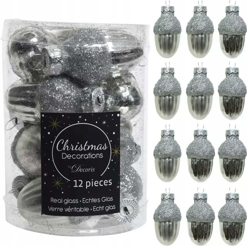 Makk alakú üveggömbök makk 12db Ezüst karácsonyfadísz