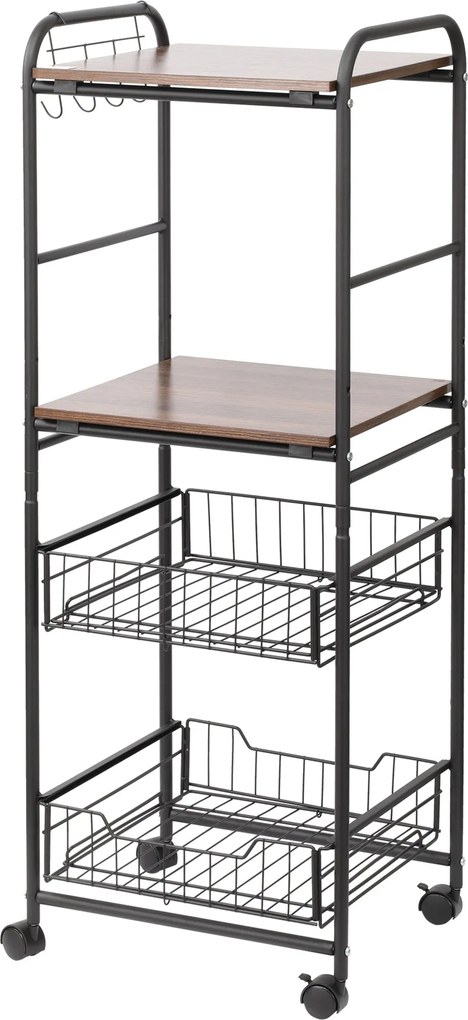 HOMCOM Konyhai Kocsi Kerekekkel 2 Polccal, 2 Kivehető Kosárral és 4 Akasztóval a Étkezőhöz és Fürdőszobához 40x38x111 cm Faragott és Fekete | Aosom