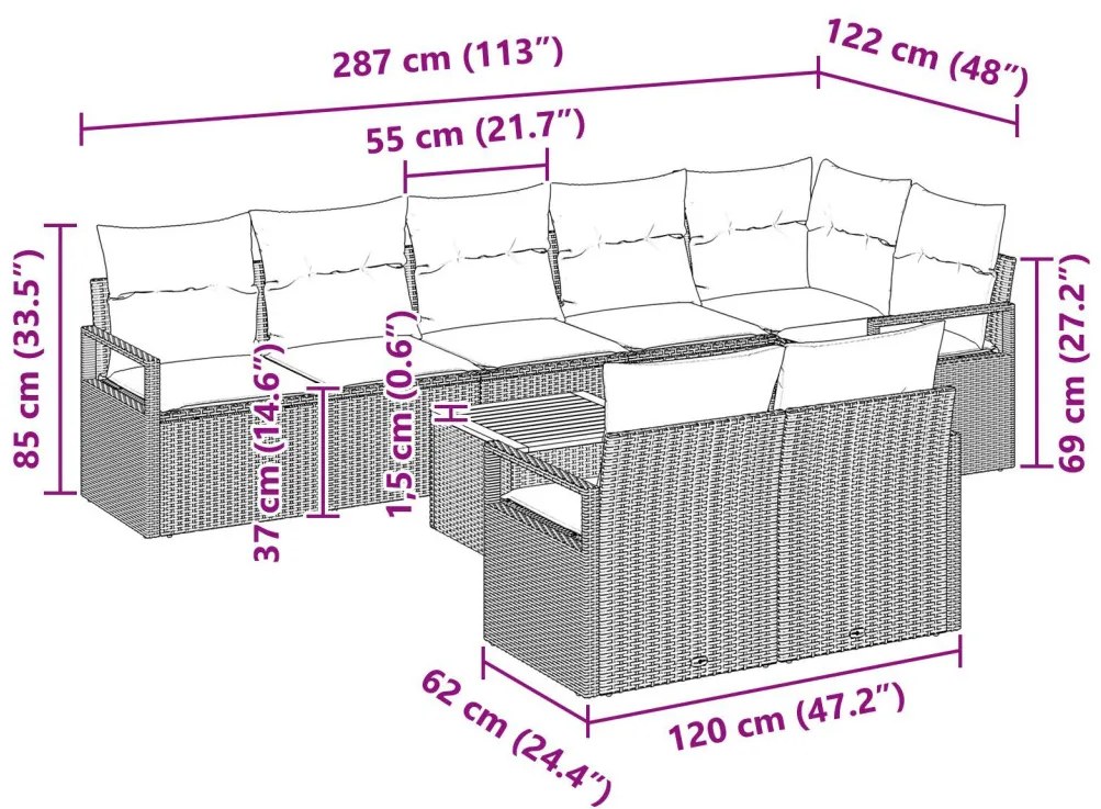 9 Darab Kerti Kanapé Szett Párnákkal Bézs Poli Rattan Akácia, 2-Fős Kerti Kanapé Párnákkal Bézs Poli Rattan