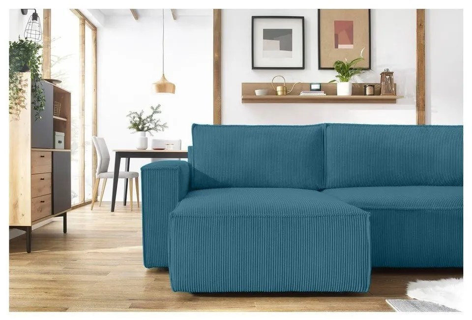 Türkiz kordbársony kinyitható sarokkanapé Nihad – Bobochic Paris
