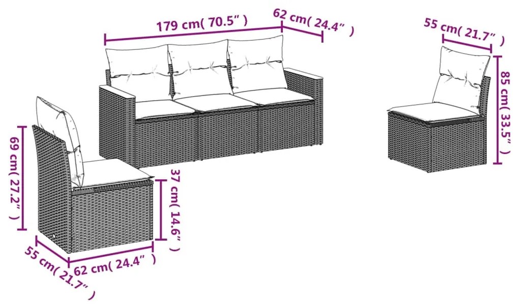 5 részes szürke polyrattan kerti ülőgarnitúra párnákkal