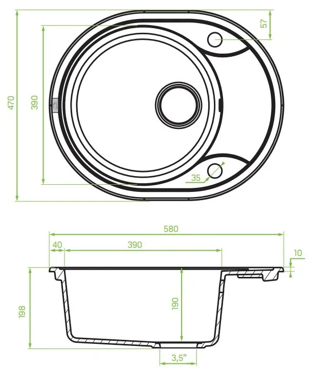 Laveo Dafne, 1 kamrás gránit mosogató 580x470x198 mm, fekete, LAV-SBD_783T