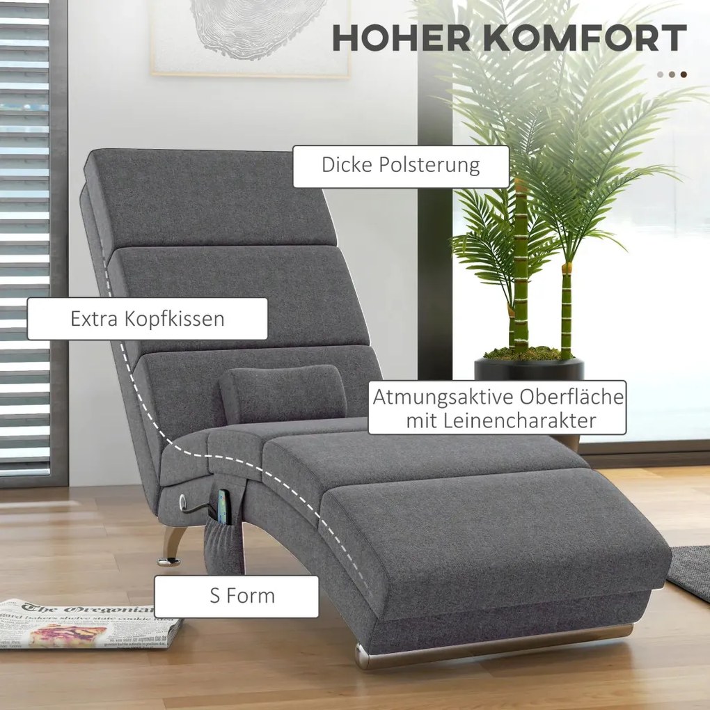 HOMCOM Masszázsfotel, dönthető, nyugágy, 8 vibrációs pont 5 üzemmód, szürke