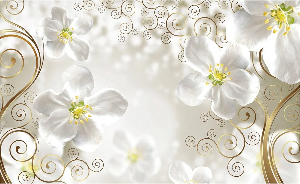 Flizelin fotótapéta Arany virágok fehér alapon elegancia 208x146 +ragasztó