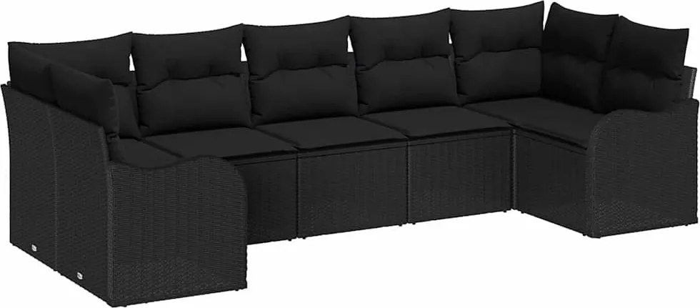 vidaXL Kerti Kanapé Szett párnával 7 pcs Fekete Poli rattan