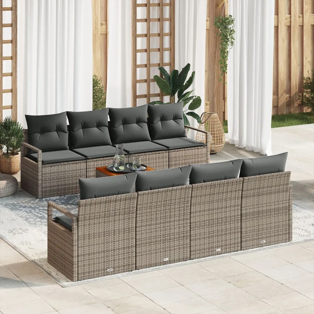 9 Darabos Kerti Kanapé Szett Párnákkal Szürke Poli Rattan Akáciával, 2-Fős Kerti Kanapé Párnákkal Szürke Poli Rattan