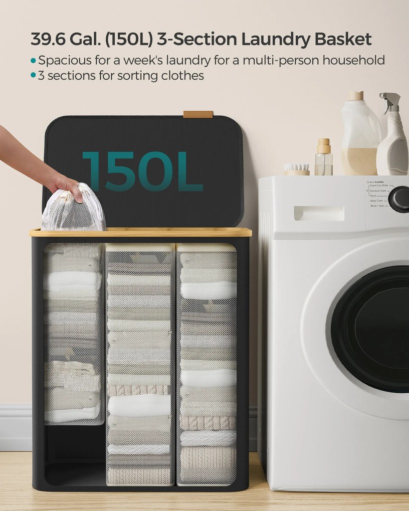 Fedeles, 3 rekeszes mosókosár, 150L, levehető bélés, összecsukható, fekete