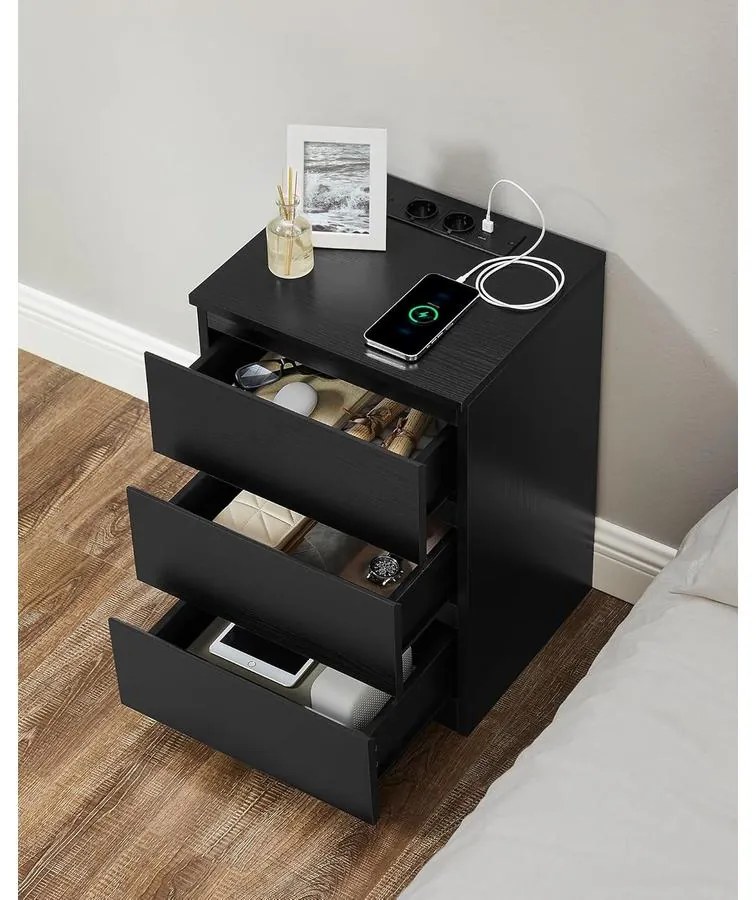 VASAGLE Éjjeliszekrény 2 darabos szett, 2 hálózati aljzattal és 2 USB-porttal, fekete színben