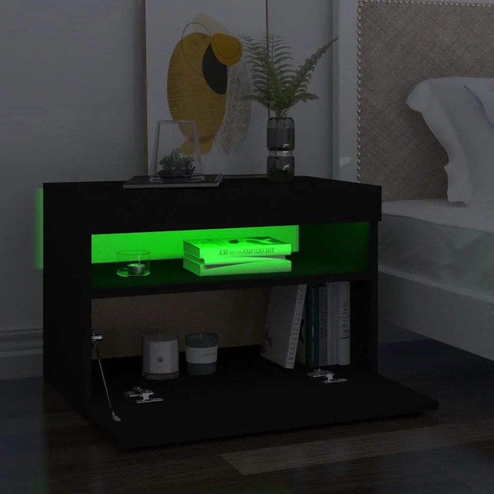2 db fekete éjjeliszekrény LED-lámpákkal 60x35x40 cm szerelt fa