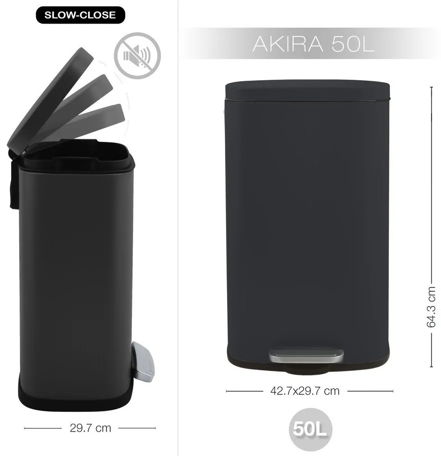 Matt fekete acél pedálos szemetes 50 l Akira – Spirella