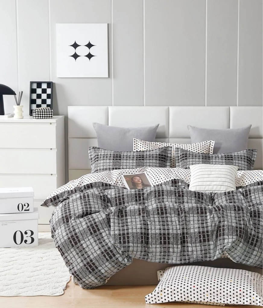 3 részes flanel ágynemű polipamut Karo szürke 200x140cm+90x70cm TiaHome