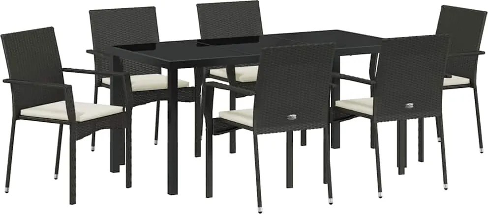 vidaXL Kert étkező szett párnával 7 pcs Fekete polirattan